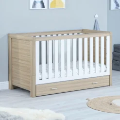 Babymore Luno Cot Bed With Drawer - White Oak