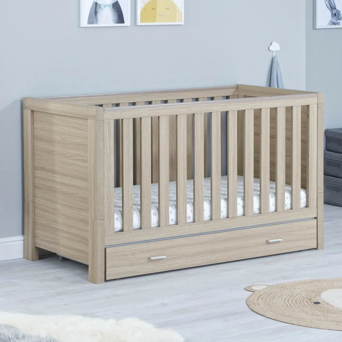 Babymore Luno Cot Bed With Drawer - Oak