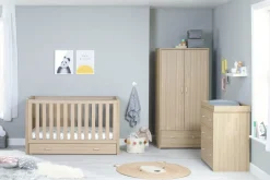 Babymore Luno Oak Room Set 3 piece - Cot Bed with drawer, Chest, & Wardrobe