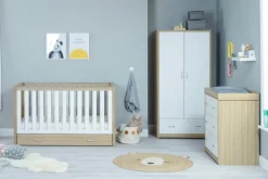 Babymore Luno White Oak Room Set 3 piece - Cot Bed with drawer, Chest, & Wardrobe