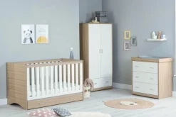 Babymore Veni White Oak Room set 3 pieces - Cot Bed with drawer, Chest & Wardrobe