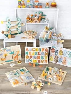 Small Foot - Safari Numbers Puzzle - Wooden Numbers Play & Learn Plug In Block Board