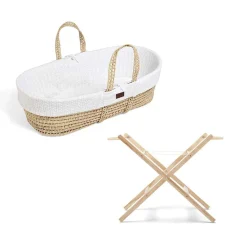 The Little Green Sheep - Organic Knitted Moses Basket + Stand - White